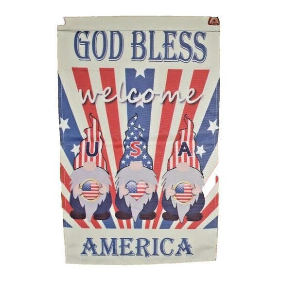 God Bless America Welcome Gnome 12 x 18 Double Sided Nylon Burlap Garden Flag - Picture 2 of 2